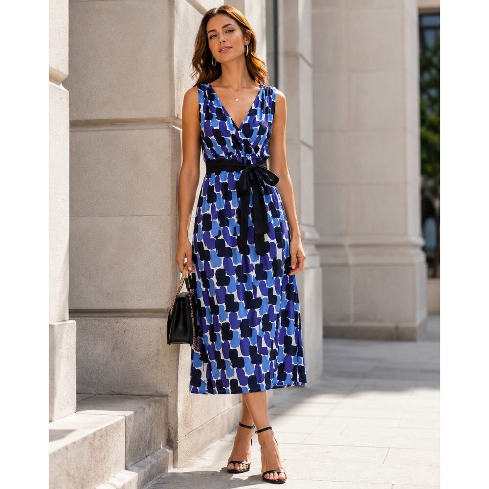 Boden Women’s US 8 UK 12R Blue Abstract Jersey‎ Wrap Midi Dress Sash Workwear